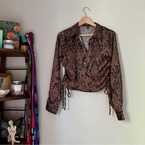 Black and Brown Ruched Button Down Crop Top